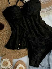 Swim Mod Women's Solid Apricot Textured Fabric Beaded Decor Camisole & Bikini Set, Suitable For Summer Beach & Vacation Black Swimsuit - Black - View 4