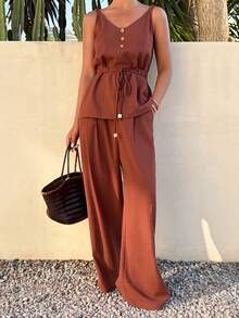 DAZY Conjunto de 2 piezas de top con atar en la cintura y pantalones casuales en color borgoña, conjunto de ropa de estar en casa para primavera/verano para mujeres - Rojo - Ver 1