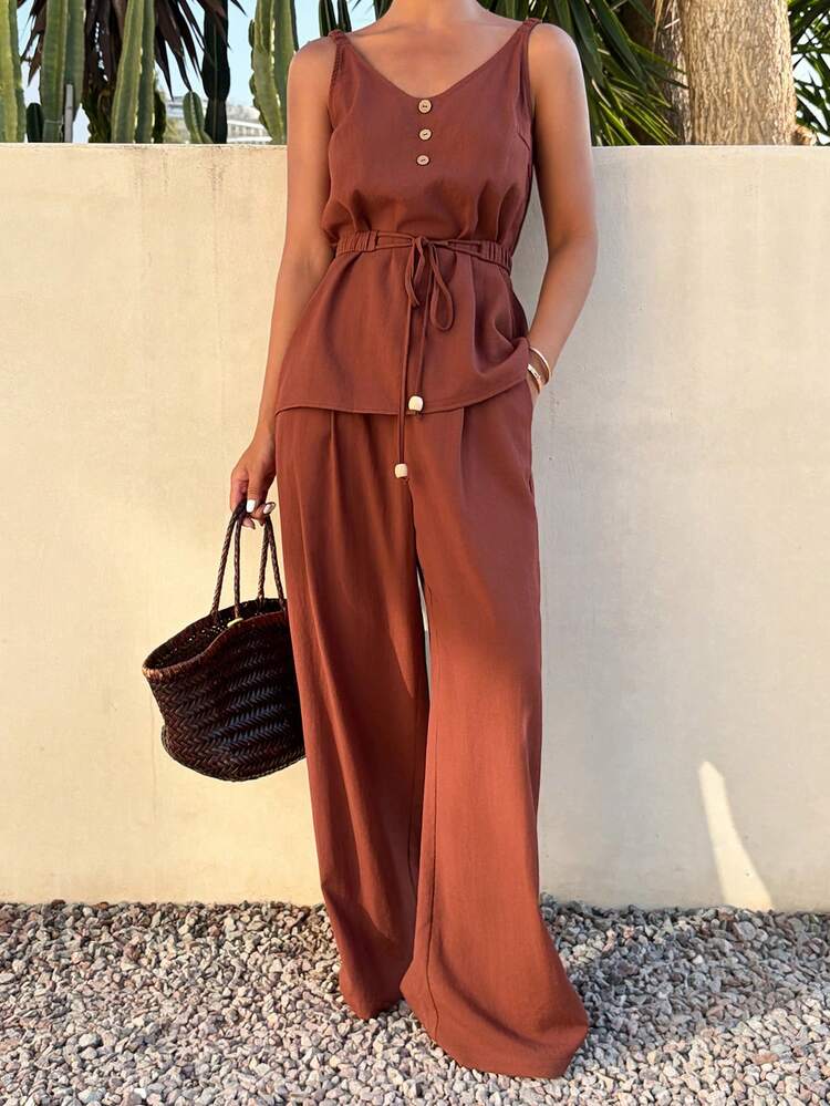 2pcs Women Casual Camisole Tie-Up Waist Top And Pants Set