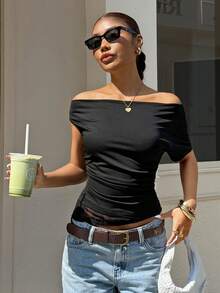 Muchica Black Knit Off Shoulder Women T-Shirt - Black - View 4