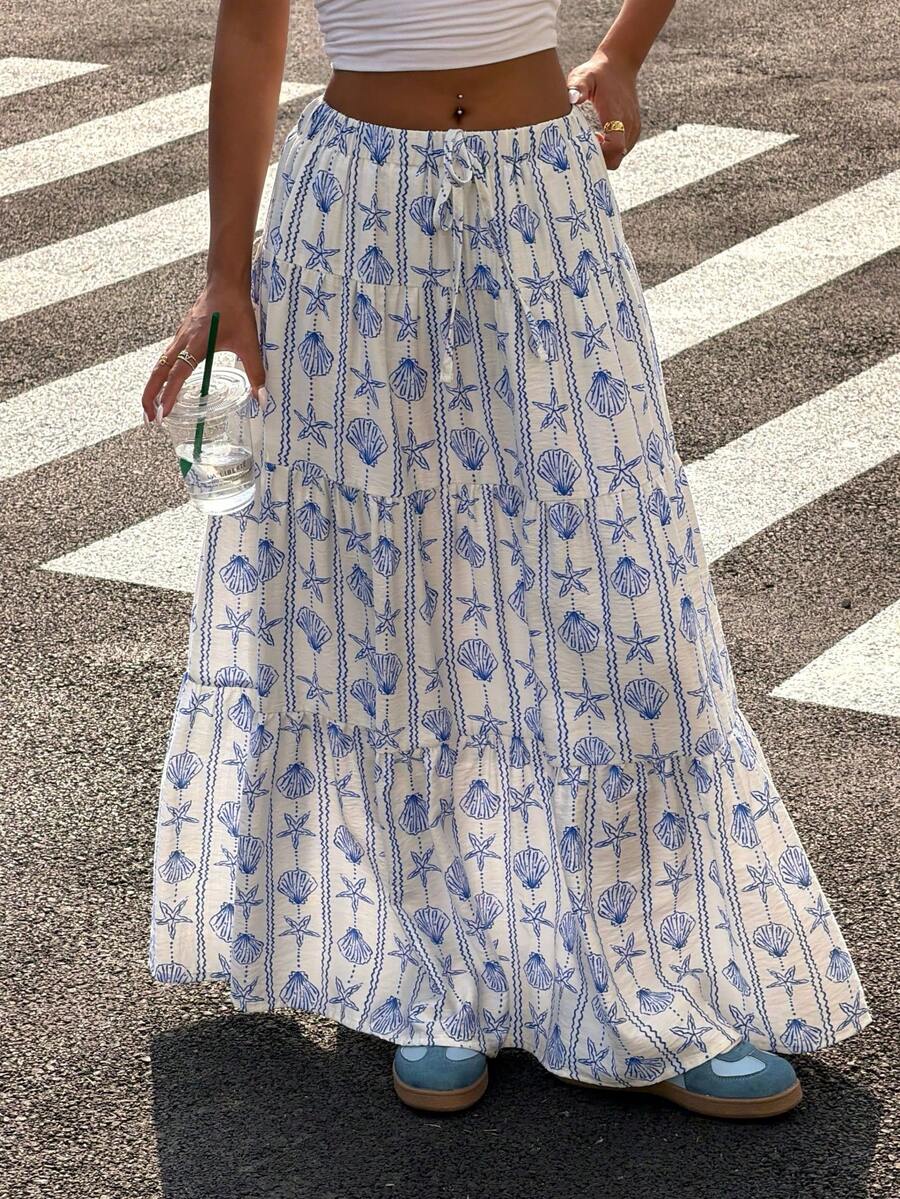 Muchica Women's Shell Print Lace-Up Loose Long Skirt, Summer - Multicolor - View 1