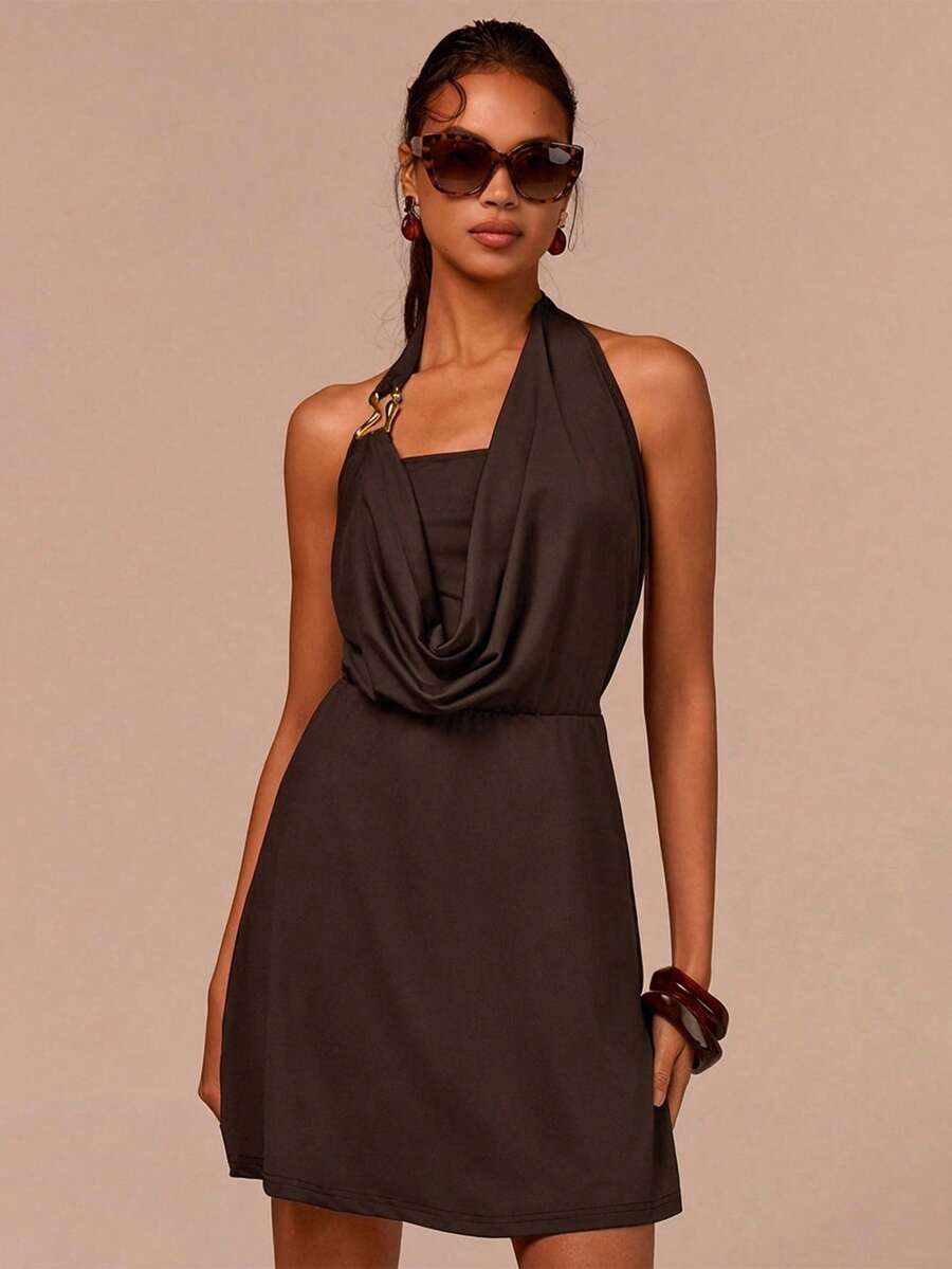 COSMINA Women's Elegant Dark Brown Summer Sleeveless Cowl Neck Short Dress,Metal Buckle Decor,Halter Neck, & Chic For Bar Party,Wedding,Daily Wear - Brown - View 1