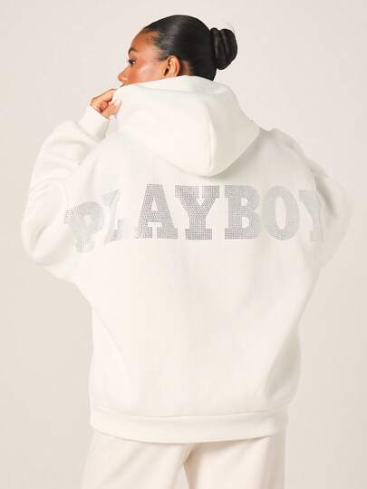 Missguided x Playboy 女士超大款白色水钻兔子标志套头连帽衫，带抽绳和中央口袋，冬季卫衣