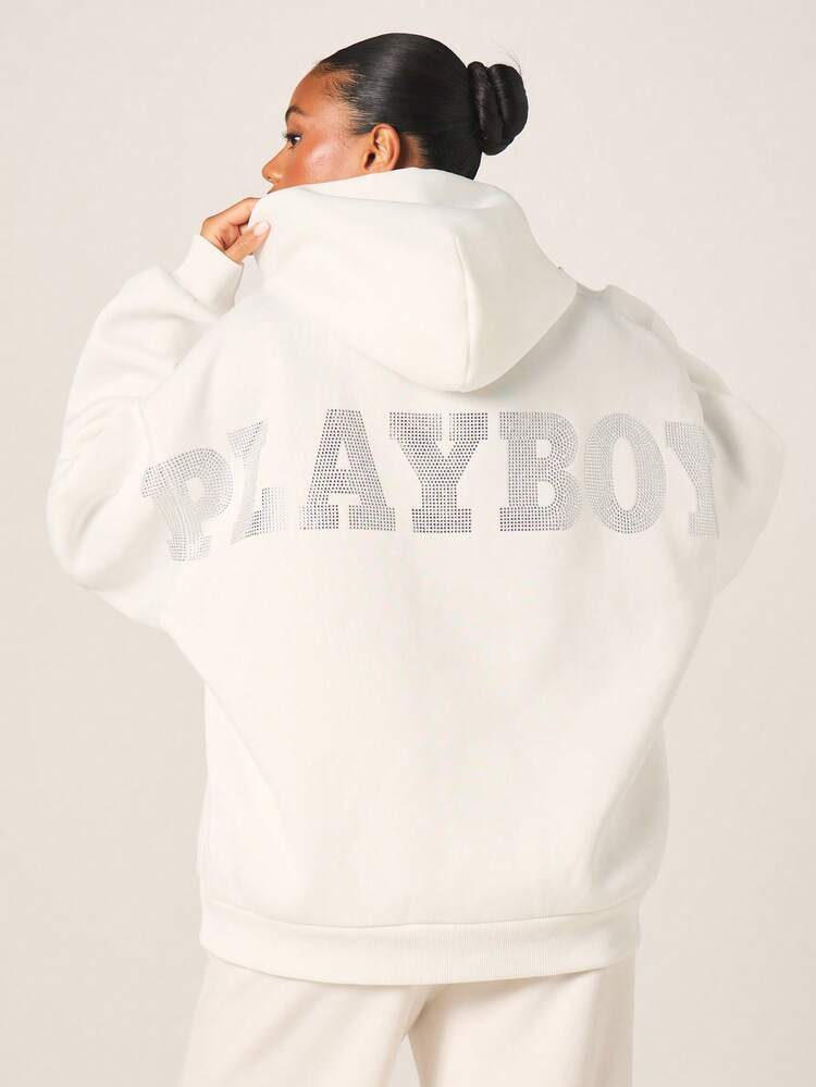 Missguided x Playboy Women's Oversized White Rhinestone Bunny Logo Pullover Hoodie With Drawstring And Centre Pocket Winter Sweatshirt