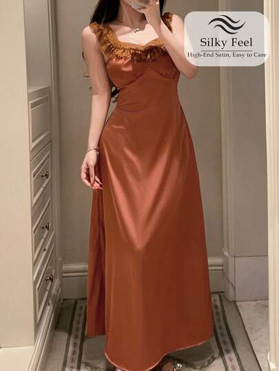 DAZY 女士优雅缎面蕾丝拼接荷叶边长款睡裙，夏季