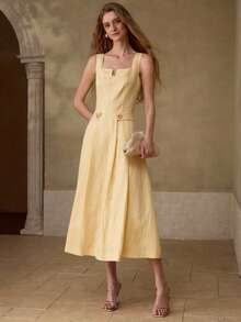 MOTF PREMIUM WOMEN'S LINEN & TENCEL BLEND YELLOW MIDI DRESS, CASUAL & DATE WEAR, SPRING/SUMMER - Yellow - View 5
