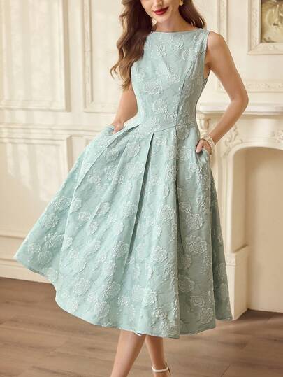 Vintamour Vestido de mujer elegante y vintage con bolsillos, textura de jacquard de pintura al óleo, para uso casual, de fiesta, vacaciones, verano, primavera y ocasiones especiales como Pascua