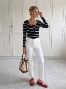 SHEIN LUNE Camiseta con estampado de rayas con botón - Negro - Ver 12