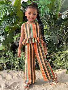 Young Girl Vacation Casual Fashion Halter Sleeveless Top And Straight Leg Pants Set - Coral Orange - View 7