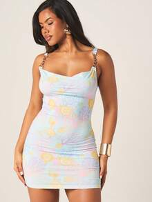MISSGUIDED Pastel Printed Mini Dress With Chain Strap Detail And Sweetheart Neckline Summer Bodycon Cocktail Party Dress - Multicolor - View 1