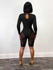 BamGleam Women's Black Lace Patchwork Hollow Out Round Neck Long Sleeve Jumpsuit,Autumn Club Rave Outfits,Spring Vacation Beach Holiday Clothing For Women - Black - View 4