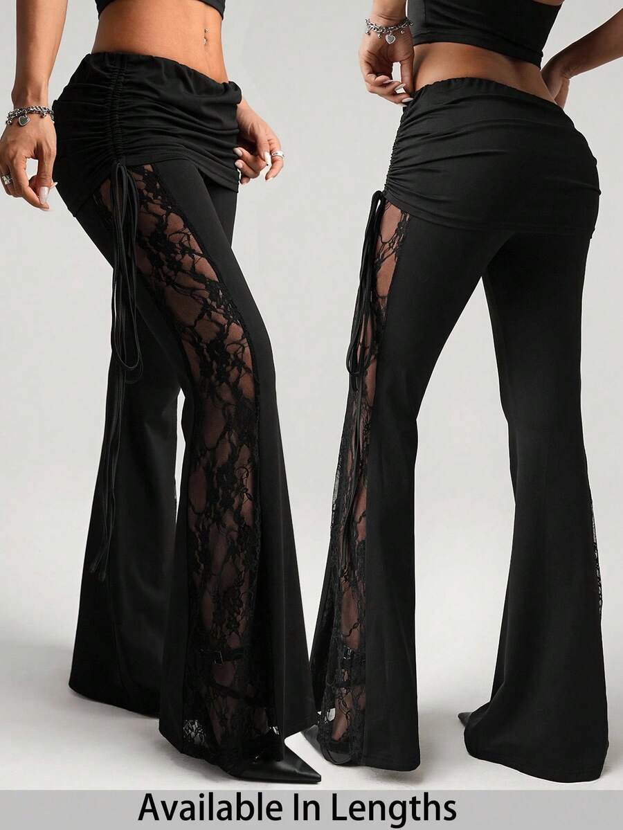 SHEIN Tall CURVE 大码纯色蕾丝拼接褶皱抽绳优雅喇叭裤，夏季假日喇叭裤，高腰裤，系带裤，春季女装，情人节女装，毕业典礼女装，休闲女装 - 黑色 - 查看 1