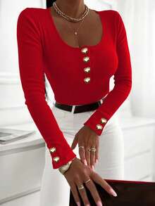 INAWLY 修身性感圆领半开襟心形纽扣休闲长袖女式T恤 - 紅色 - 查看 4