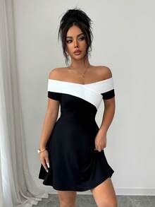 Elenzga Women's Elegant French Color Block Off Shoulder Short Dress, Summer Dinner Date Black And White - Black and White - View 4