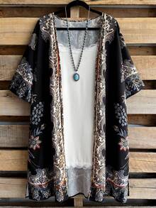 SHEIN CURVE+ Áo Kimono họa tiết hoa trang trí phong cách thường ngày size lớn - Nhiều màu - Xem 5