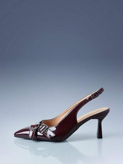 CUCCOO GRLICON Pointed Toe Thin Heel Closed Toe Belt Buckle Slingback Pumps Women