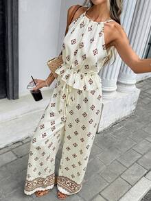 Pariaura 优雅露背吊带背心搭配阔腿直筒裤印花套装，女士夏季 - 杏色 - 查看 4