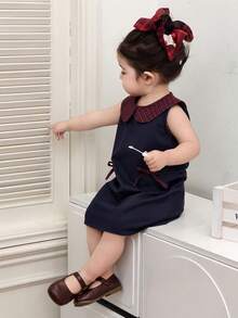 DAZY Đầm không tay cổ Peter Pan kiểu Hàn Quốc cho bé gái sơ sinh/trẻ nhỏ - Xanh đậm - Xem 9