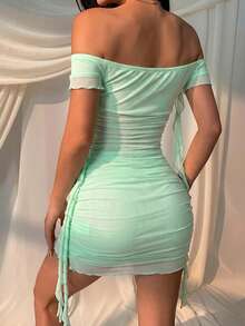 SHEIN EZwear Đầm ngắn ôm sát, màu trơn, hở vai, xếp ly, gợi cảm, thích hợp cho mùa hè. - Màu xanh Bạc hà - Xem 2