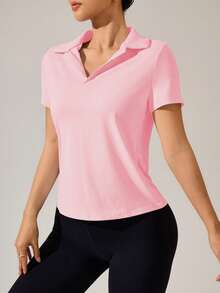 SHEIN Sports 1件纯白色V领网球/高尔夫女士运动Polo衫 - 粉色 - 查看 4