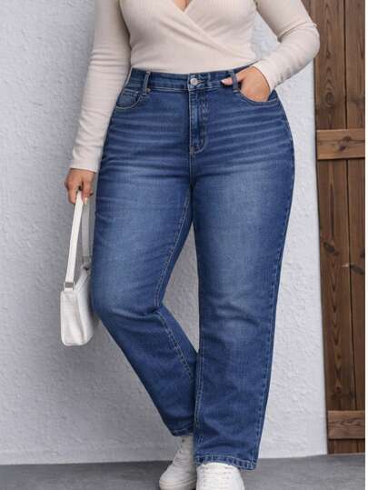 Jeans plus mezclilla mujer corte recto tiro alto casual urbano pantalón amplio cómodo diario outfit streetwear