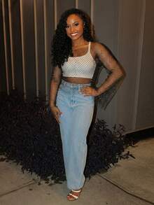 Steph T 透明鱼网金属上衣，女士派对透明落肩圆领常规版型黑色纯色女式上衣，春夏，派对/夜总会服装 - 黑色 - 查看 3