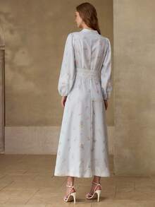 MOTF PREMIUM WOMEN'S ELEGANT LONG SLEEVE CONTRAST LACE NOTCHED NECK DRESS - Multicolor - View 3