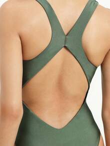 KSTM Women's Plunge V-Neck Cross-Back One-Piece Swimsuit With Ruched Wrap Front Detail And Cut-Out Accent For Summer Beach - Green - View 7