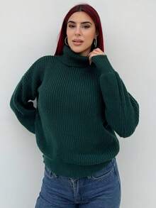 Bearsaez 罗纹针织高领落肩毛衣、长袖上衣 - 墨綠色 - 查看 1