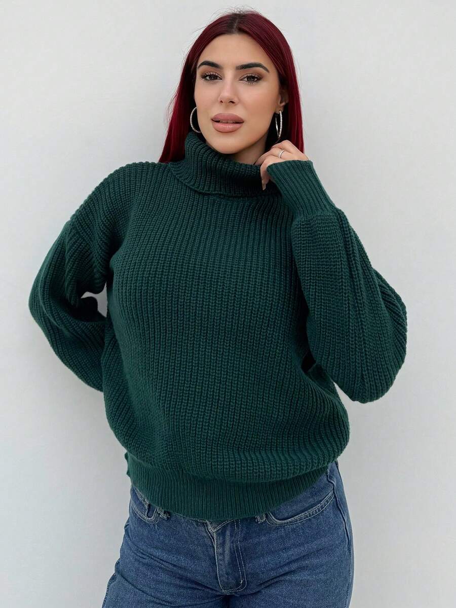 Bearsaez 罗纹针织高领落肩毛衣、长袖上衣 - 墨綠色 - 查看 1