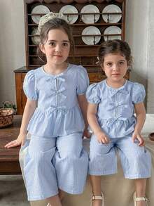 LMoss Kids 2pcs Baby Girl Woven Striped Petal Sleeve Casual Shirt And Loose Fit Pants Set - Blue - View 3