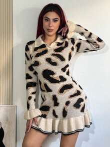 Bearsaez Women's Autumn/Winter Fashion Leopard Print Knit Ruffle Hem Bodycon Design Sweater Dress Fall Cloth For Women - Apricot - View 3