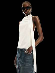 LYSMO Áo kiểu satin cổ yếm xếp ly dành cho nữ, thiết kế thắt khăn điều chỉnh được, hở lưng, hàng mới về năm 2025, phong cách tiên phong, cá tính. - Vàng nhạt - Xem 4