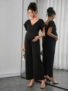 SHEIN 孕妇纯色V领镂空休闲短袖连体裤 - 黑色 - 查看 9