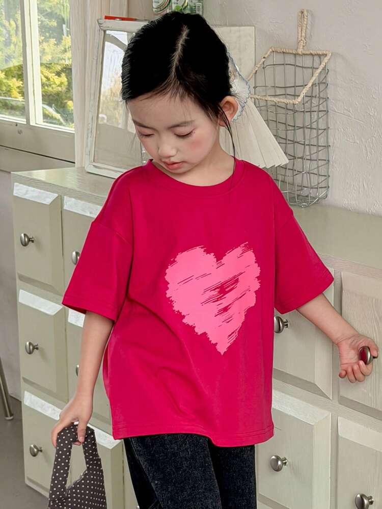 Young Girls Round Neck Solid Color Casual Heart Graphic Short Sleeve T-Shirt Summer