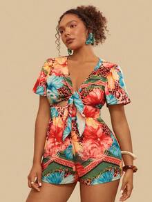 Travachic Plus Size Women Casual Vacation Beach Waist Pleated Tropical Floral Print Romper Shorts Women's Summer Co Ord Women's Summer 2 Pieces Sets Women's Summer Outfits Women's Floral Two Pieces Women's Beach Outfits - Multicolor - View 5