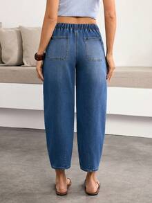 Breezaya 女士休闲水洗抽绳腰胡萝卜牛仔裤 - 深色水洗藍 - 查看 2