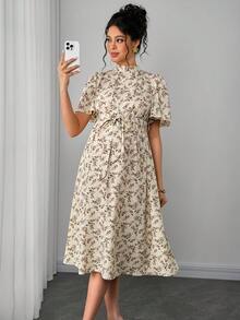 Momance Maternity Ruffle Sleeve Tie-Front Open Back Ditsy Floral Dress - Multicolor - View 4