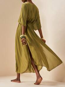 Zivah 2026 女士度假休闲沙滩薄纱雪纺抽绳腰带长款和服罩衫 - 軍綠色 - 查看 3