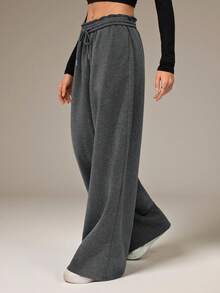 SHEIN Tall Pantalones de chándal con cintura elástica y pierna ancha, engrosados para otoño/invierno. Estilo casual, versátil y estilizador para primavera/verano - Gris Oscuro - Ver 4