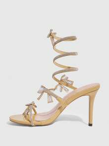 CUCCOO SZL Sandalias de tacón alto sexy para mujer con puntera puntiaguda, tacón de aguja y adornos de strass - Albaricoque - Ver 5