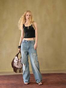 MOTF STUDIO ÁO TANK TOP DÁNG NGẮN, THỜI TRANG THU ĐÔNG, ĐÍNH ĐINH TÁN DÀNH CHO NỮ - màu đen - Xem 5