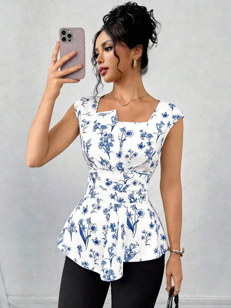 SHEIN Clasi 女士无袖碎花翻领衬衫，收腰设计，优雅百搭，适合度假、外出和聚会，春夏皆宜 - 藍白色 - 查看 1