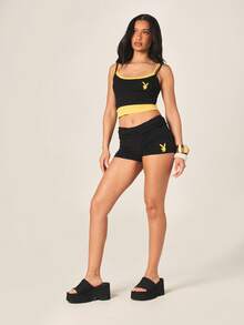 Missguided x Playboy Black High Waist Fold Over Booty Shorts With Yellow Contrast Trim And Bunny Logo - Black - View 4