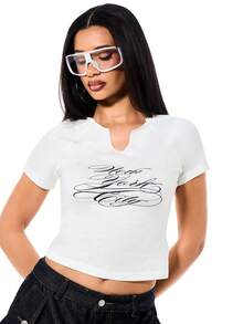 SUMWON WOMEN Women's Cropped V Notch Neck Short Sleeve Graphic Tee With Script Text Print Casual Fitted White Top - White - View 1