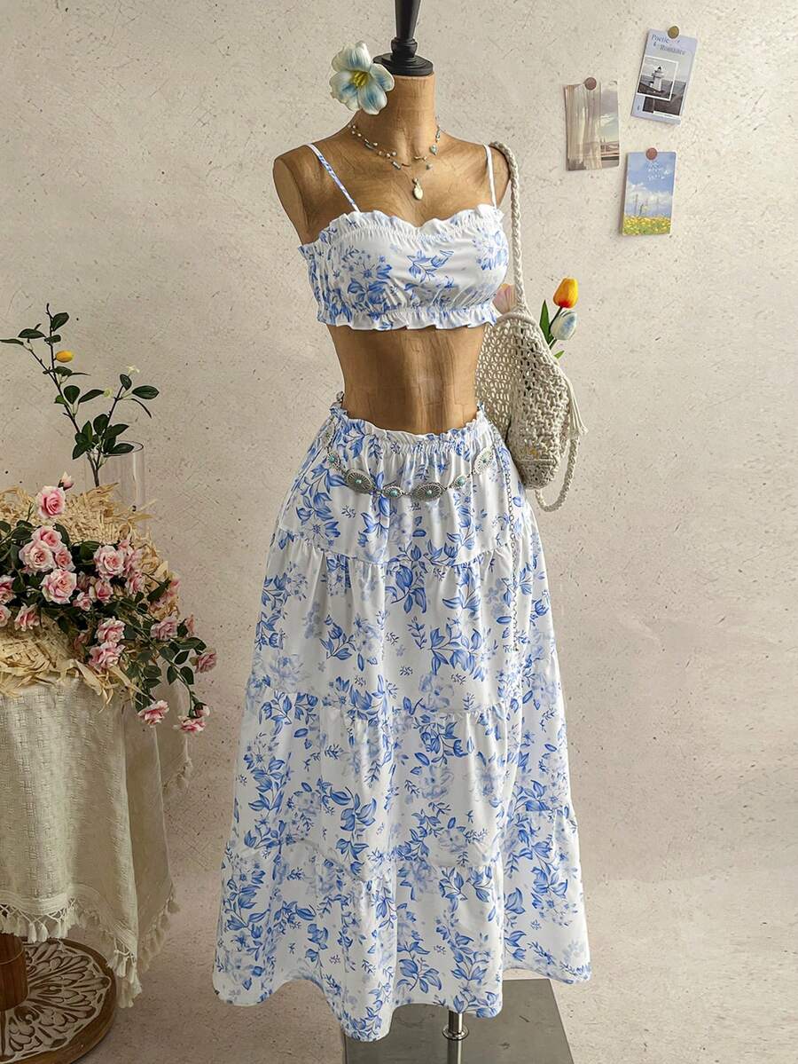 Soleia 女士度假装扮 女士沙滩装扮 夏季度假装扮 女士碎花荷叶边吊带背心和半身裙两件套度假套装 - 彩色 - 查看 1