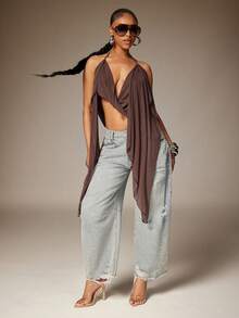 Denimoi Top asimétrico sin espalda con cuello de halter para mujer, verano - Marrón - Ver 2