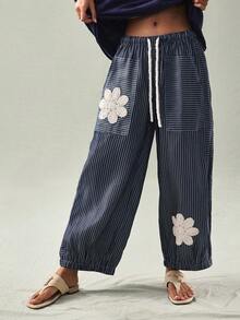 SoleilVie Women's Striped Patch Casual Loose Pants - Navy Blue - View 4