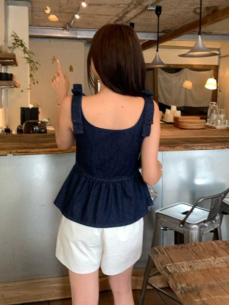 Women's Bow Tie Korean Style Washed Ruffle Trim Denim Blouse Summer Babydoll Top