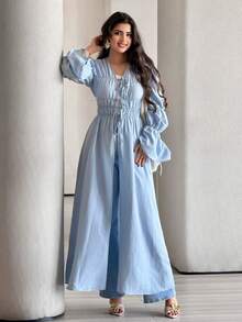 女士度假休闲纯色喇叭袖系带长衬衫 - 藍色 - 查看 3